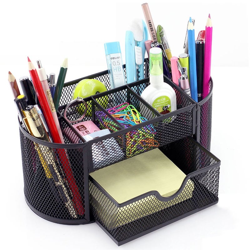 MONBLA Desk Supplies Organizer Multi-functional Stationery Caddy Mesh Oval Pencil Holder Desk Office Supplies Organizer 9 Compartments with Drawer for Note Pads Black - Image 1